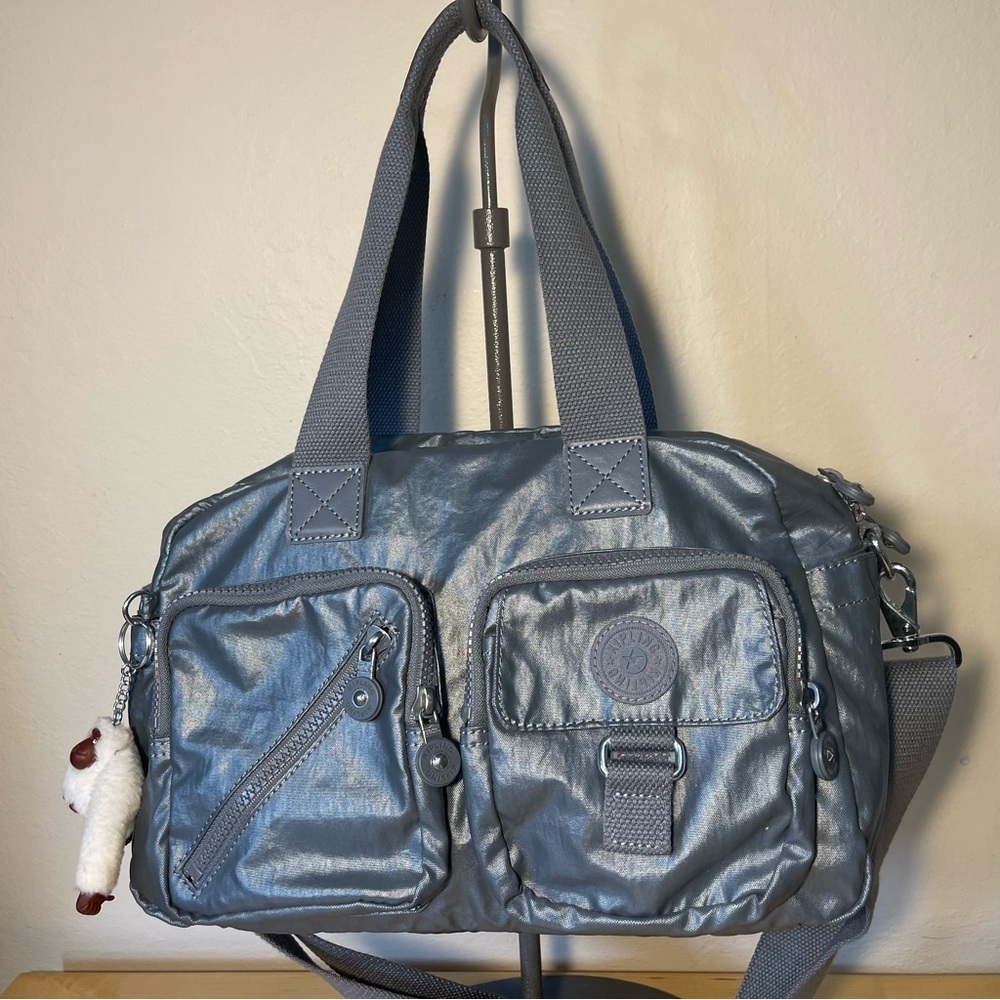 Kipling Silver Metallic Nylon Small Weekender Duffel Travel Tote Bag